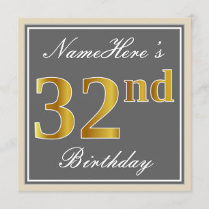 Invitation Elégant, gris, Faux Gold 32e anniversaire + Nom