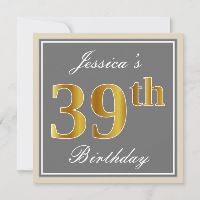 Invitation Elégant, gris, Faux Gold 39e anniversaire + Nom (Devant)