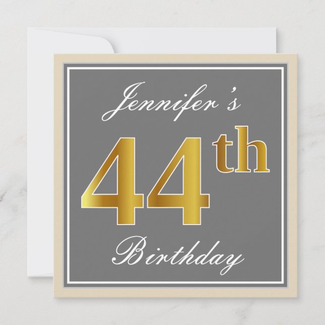 Invitation Elégant, gris, Faux Gold 44e anniversaire + Nom (Devant)