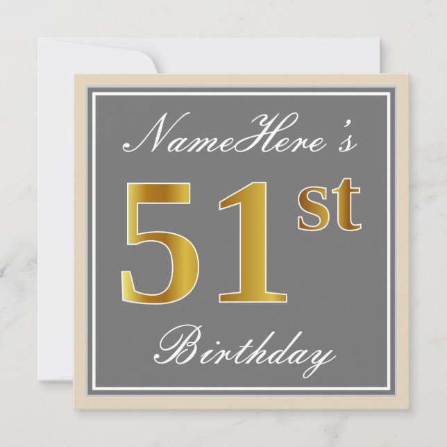 Invitation Elégant, gris, Faux Gold 51e Anniversaire + Nom (Devant)