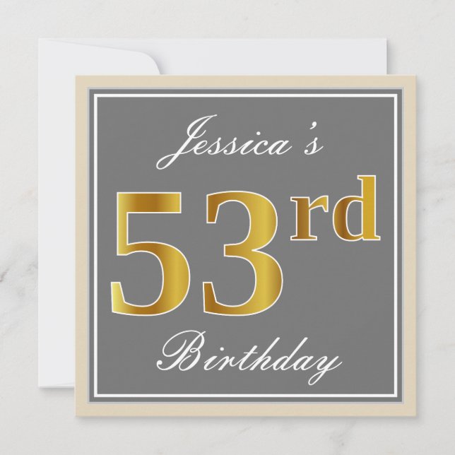 Invitation Elégant, gris, Faux Gold 53ème anniversaire + Nom (Devant)