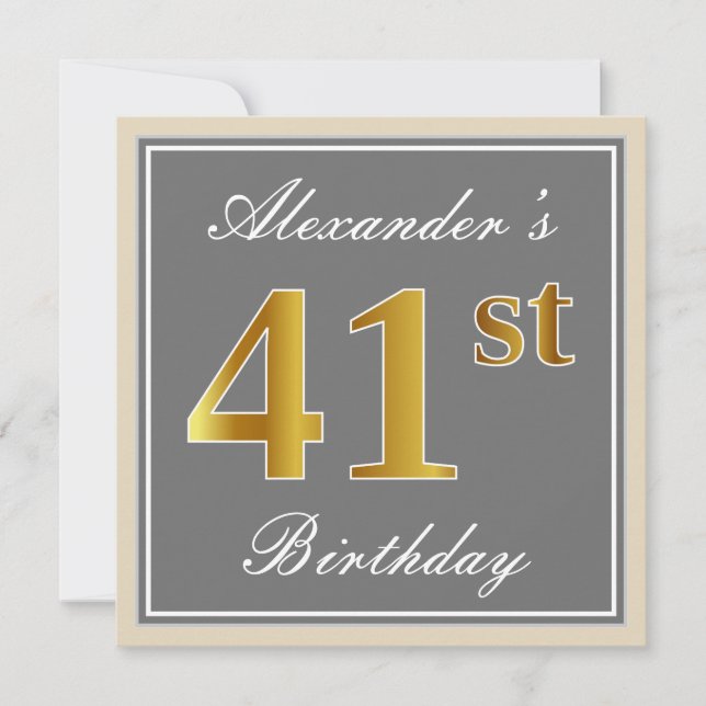 Invitation Elégant, Gris, Faux Or 41e Anniversaire + Nom (Devant)