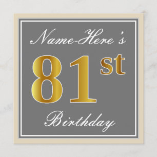 Invitation Elégant, gris, Faux Or 81ème Anniversaire + Nom