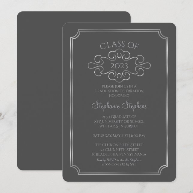 Invitation Élégant gris foncé | Fête de remise de diplôme uni (Devant / Derrière)