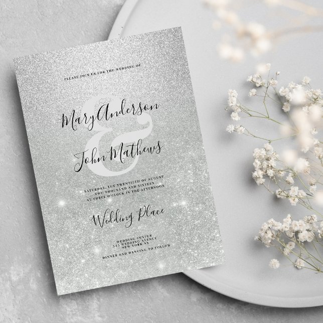Invitation Elégant gris ombre parties scintillant et Mariage (Elegant silver ombre glitter ampersand Wedding )