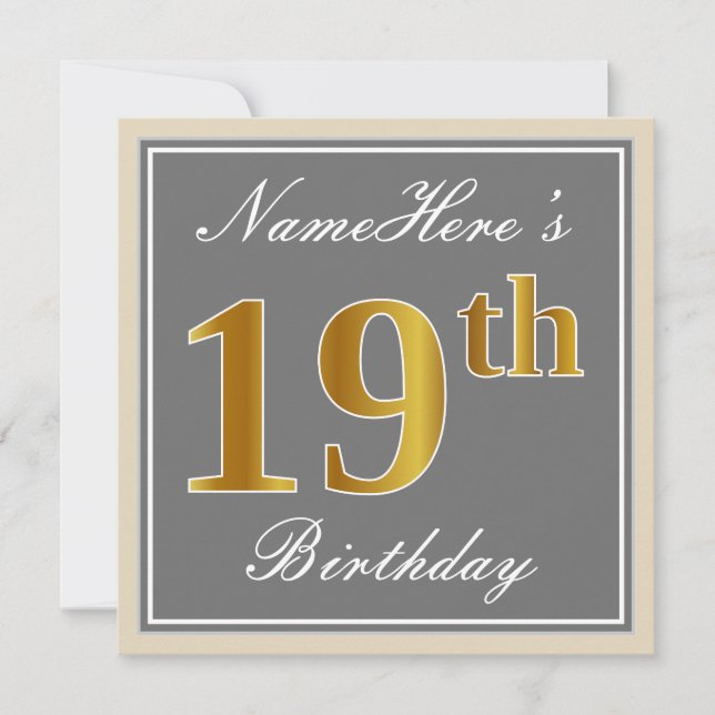 Invitation Elégant, Gris, Or Faux 19e Anniversaire + Nom (Devant)