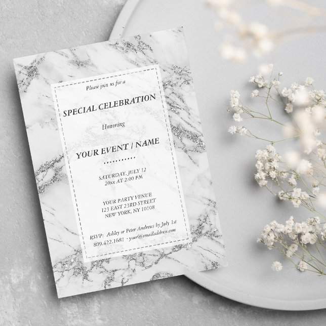 Invitation Élégant gris pailleté argent marbre Événement (Elegant gray silver glitter marble Event)