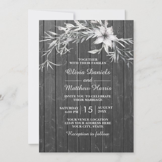 Invitation Elégant gris rustique. Grange en bois mariage flor (Devant)