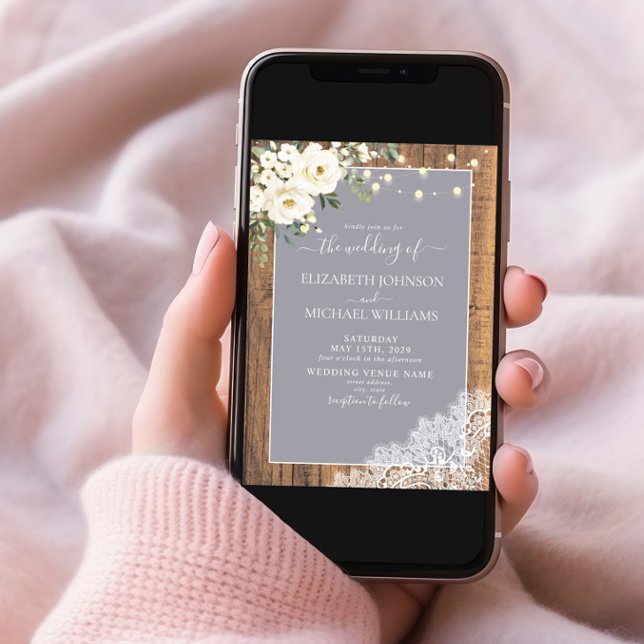 Invitation Élégant gris rustique Mariage de script en dentell (Créateur téléchargé)