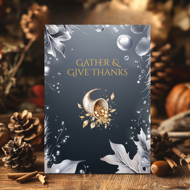 Invitation Elégant Gris Thanksgiving avec Cornucopia & Silver (Créateur téléchargé)