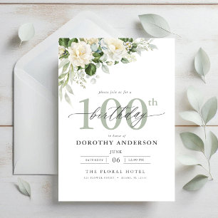 Invitation Elégant gris vert floral 100e anniversaire