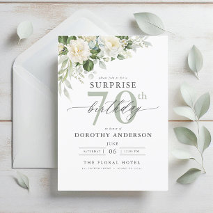 Invitation Elégant gris vert Floral Surprise Anniversaire