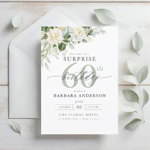 Invitation Elégant gris vert Floral Surprise Anniversaire