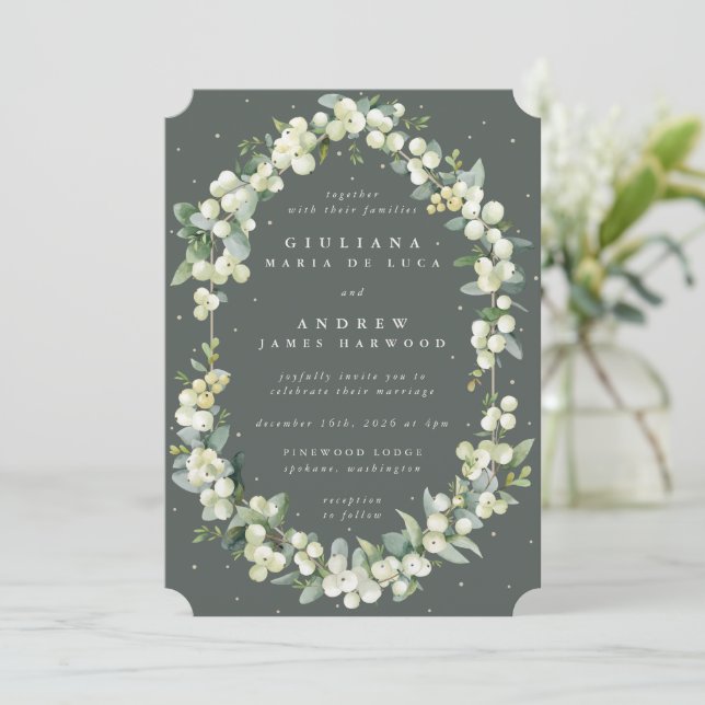 Invitation Elégant Gris Vert Snowberry+Eucalyptus Mariage (Debout devant)