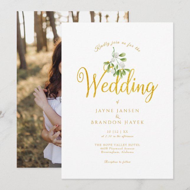 Invitation Élégant Gui de Script Doré Photo Mariage d'Hiver (Devant / Derrière)