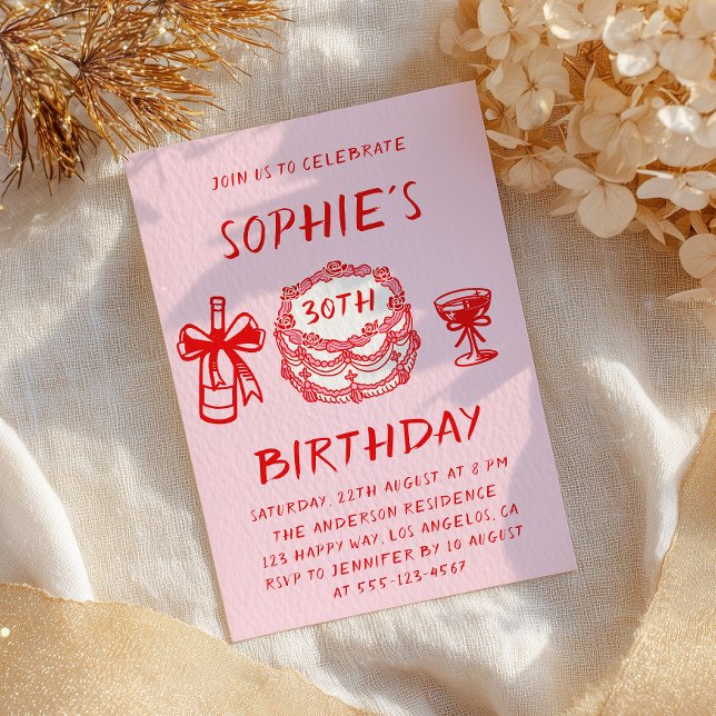 Invitation Elegant Hand Drawn Red Cake 30th Birthday (Créateur téléchargé)