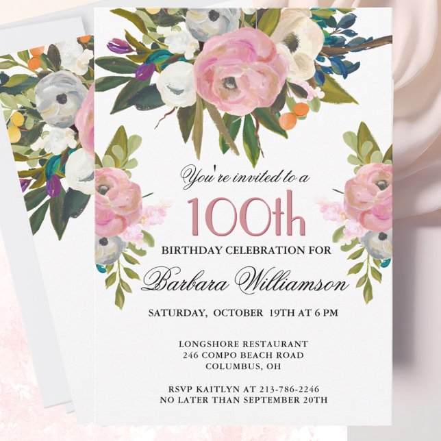 Invitation Elegant Handpainted Floral 100th Birthday Party  (Créateur téléchargé)