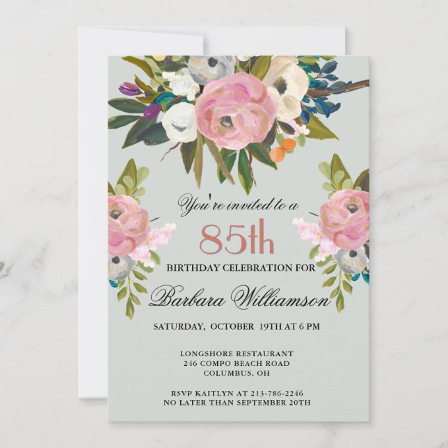 Invitation Elegant Handpainted Floral 85th Birthday Party  (Devant)