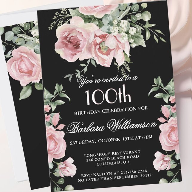 Invitation *Elegant Handpainted Roses 100th Birthday Party  (Créateur téléchargé)