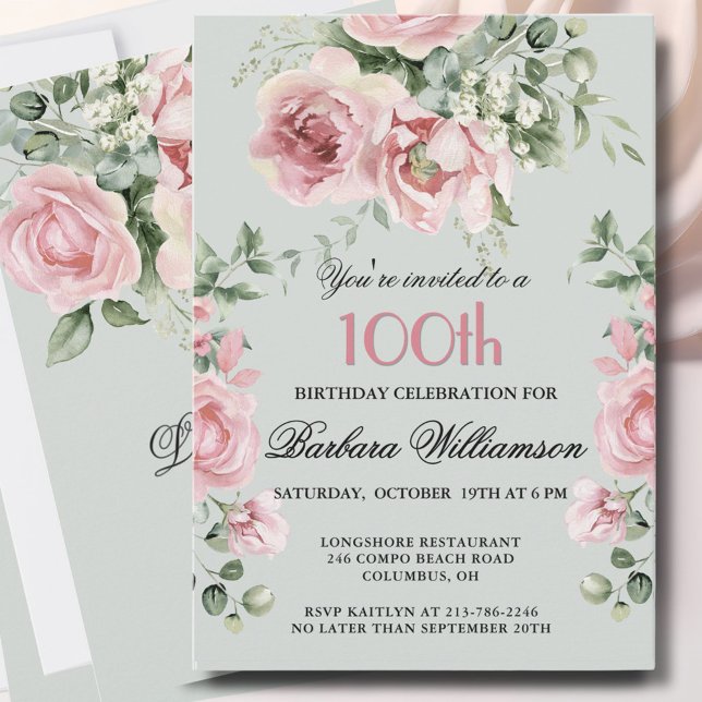 Invitation Elegant Handpainted Roses 100th Birthday Party  (Créateur téléchargé)