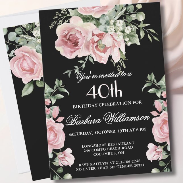 Invitation Elegant Handpainted Roses 40th Birthday Party  (Créateur téléchargé)