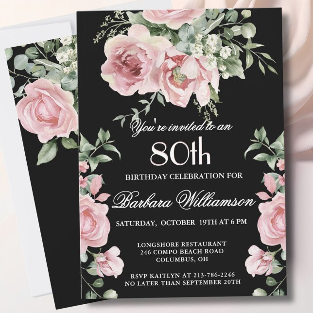 Invitation Elegant Handpainted Roses 80th Birthday Party  (Créateur téléchargé)