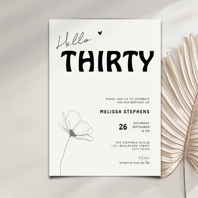 Invitation Elegant Hello Thirty Typographie Gras Anniversaire (Créateur téléchargé)