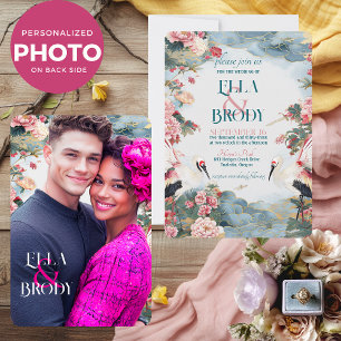 Invitation Elégant Heron Peonies avec Mariage photo personnal