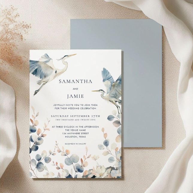 Invitation Élégant Herons Blush Dusty Blue Foliage Mariage (Front and back view)
