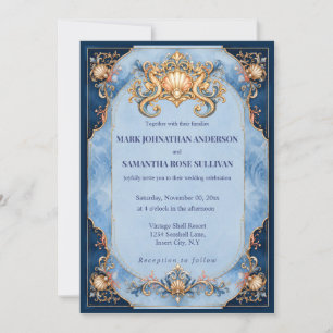 Invitation Élégant hippocampe de plage mariage bleu orange