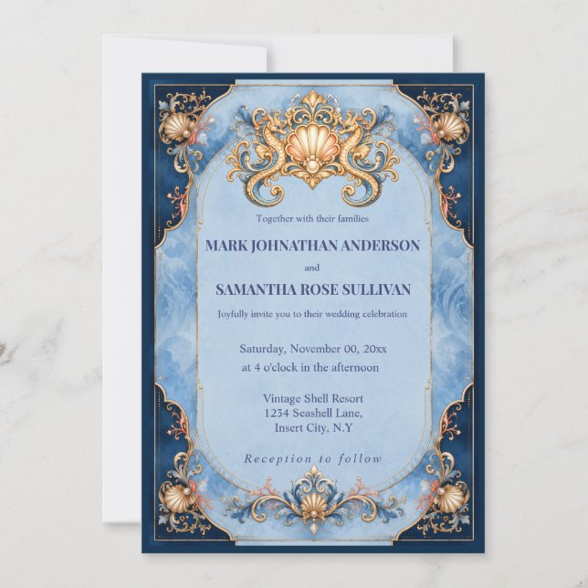 Invitation Élégant hippocampe de plage mariage bleu orange (Devant)