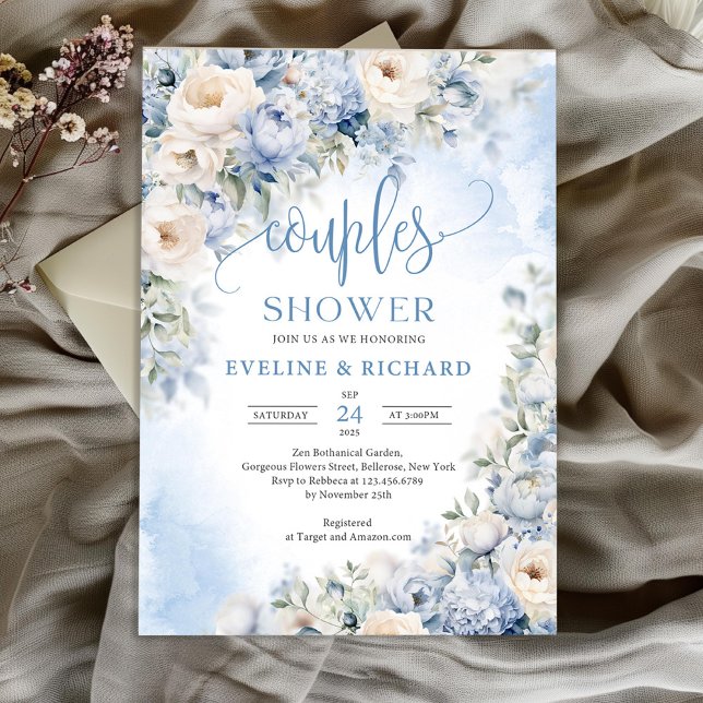 Invitation Elégant hiver bleu poussiéreux et couples en ivoir (Boho blue winter flowers greenery eucalyptus couples shower invitation)