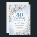 Invitation Elégant Hiver Dusty Bleu et Fleurs d'ivoire<br><div class="desc">Boho Elegant Winter Dusty Blue and Ivory Flowers 50e anniversaire Invitation Ce magnifique design boho bleu floral tendance a présenté aquarelle peinte à la main hydrangea bleu hiver poussiéreux mélangé fleurs bleu clair et crème roses, et des fleurs blanches et combinées modernes script de calligraphie. Т son irrésistible symphonie colorée...</div>
