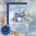 Invitation Elégant Hiver Floral Teacup 60e Anniversaire Par-T<br><div class="desc">Des fleurs d'hiver bleues élégantes,  élégantes et sophistiquées avec un bel oiseau bleu assis sur la tasse à thé "60th Birthday Par-Tea".</div>
