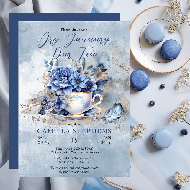 Invitation Elégant Hiver Floral Teacup Sec Janvier Par-Tea (Elegant Winter Floral Teacup Dry January Par-Tea Party Celebration)