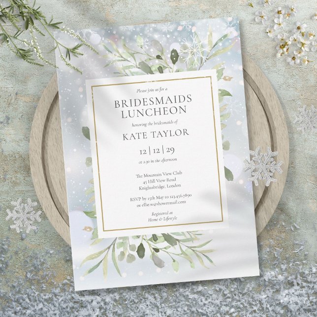 Invitation Élégant hiver Neige verte Bridesmaids Déjeuner (Elegant Winter Snow Greenery Bridesmaids Luncheon Invitation)