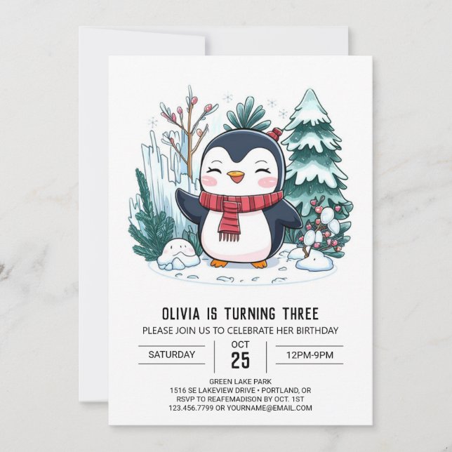 Invitation Elégant hiver Penguin Digital Anniversaire (Devant)