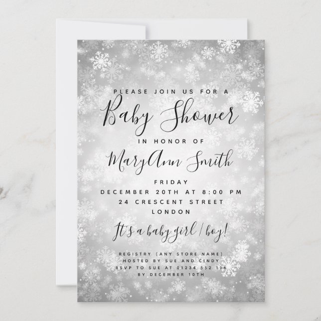 Invitation Elégant hiver Wonderland Baby shower Argent (Devant)