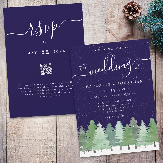 Invitation Elégant Hiver Woodland Marine Bleu Mariage Qr Code (Winter Woodland forest watercolor navy blue and white wedding qr code invitation elegant script )
