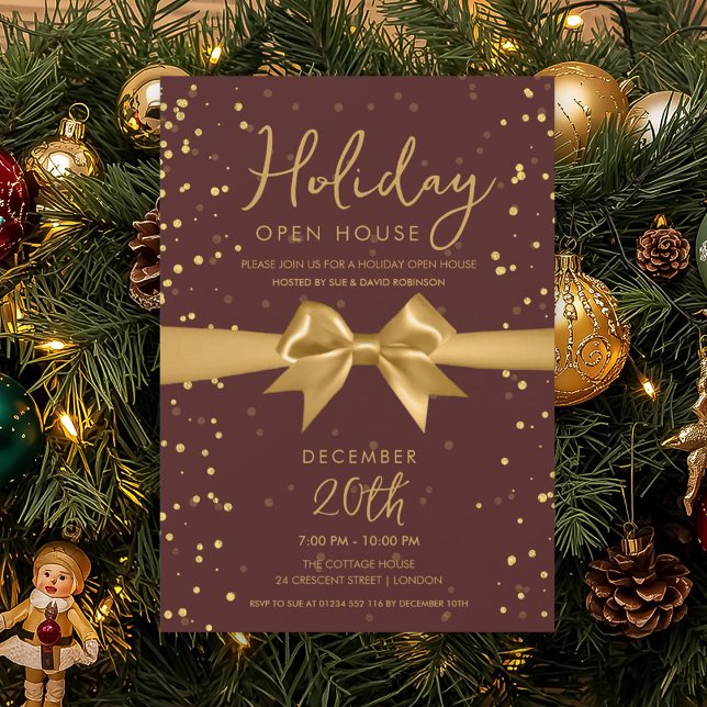 Invitation Elegant Holiday Open House Gold Bow Burgundy  (Elegant Holiday Open House Gold Bow Burgundy Invitation)