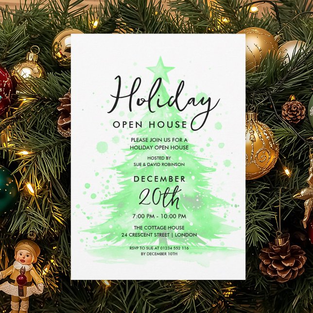 Invitation Elegant Holiday Open House Green Hand Painted Tree (Elegant Holiday Open House Green Hand Painted Tree Invitation)