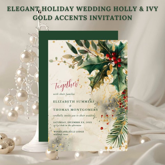 Invitation Elegant Holiday Wedding Holly & Ivy Gold Accents (Elegant Holiday Wedding Holly & Ivy Gold Accents Invitation)