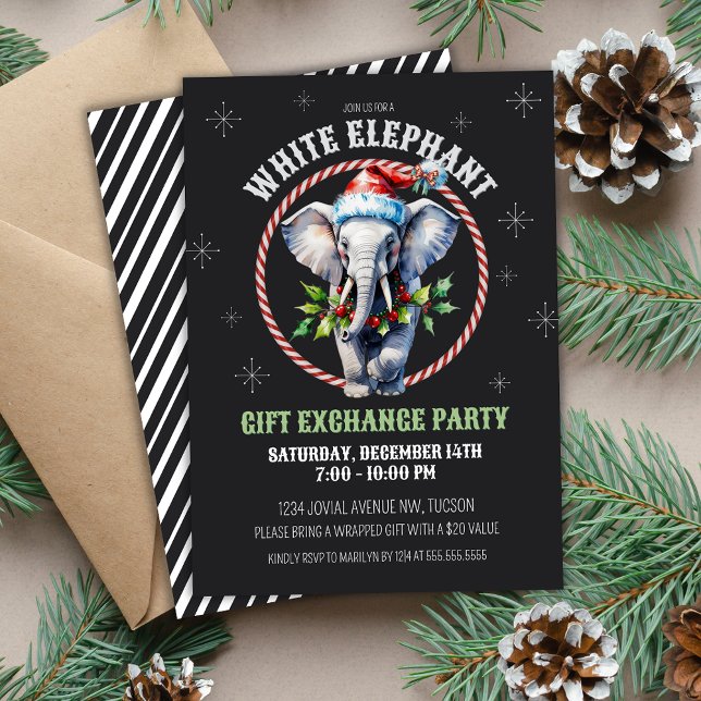 Invitation Élégant Holiday White Elephant Échange de cadeaux (Vintage chalkboard base white elephant Christmas holiday gift exchange party invitations with holly)