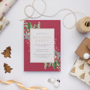 Invitation Elégant Holly Berries Verdure Red Holiday Party