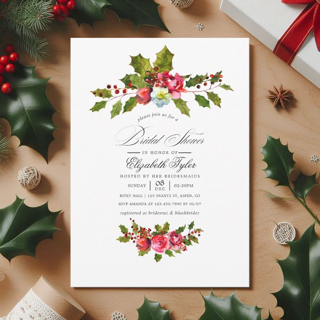 Invitation Elegant Holly et Ivy Fête des mariées de Noël (Christmas Bridal Shower Floral Holly Invitation)