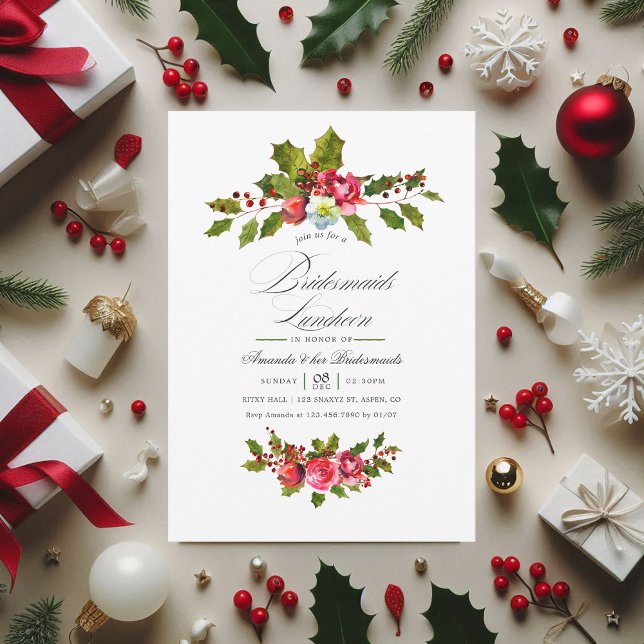 Invitation Elegant Holly & Ivy Christmas Bridesmaids Déjeuner (Christmas Bridesmaids Luncheon Holly Invitation)