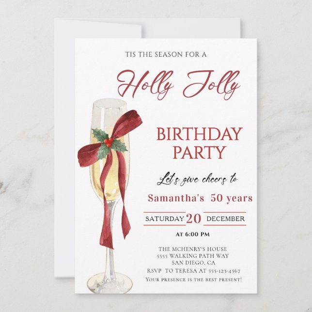 Invitation Elegant Holly Jolly christmas birthday Party (Devant)