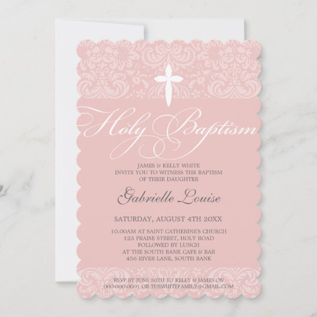Invitation ÉLÉGANT HOLY BAPTISM élégant damask script rose (Devant)