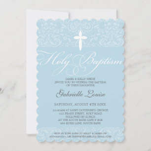 Invitation ÉLÉGANT HOLY BAPTISM stylisé damask script bleu