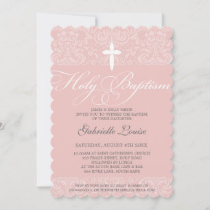 Invitation ÉLÉGANT HOLY BAPTISM stylisé damask script rose